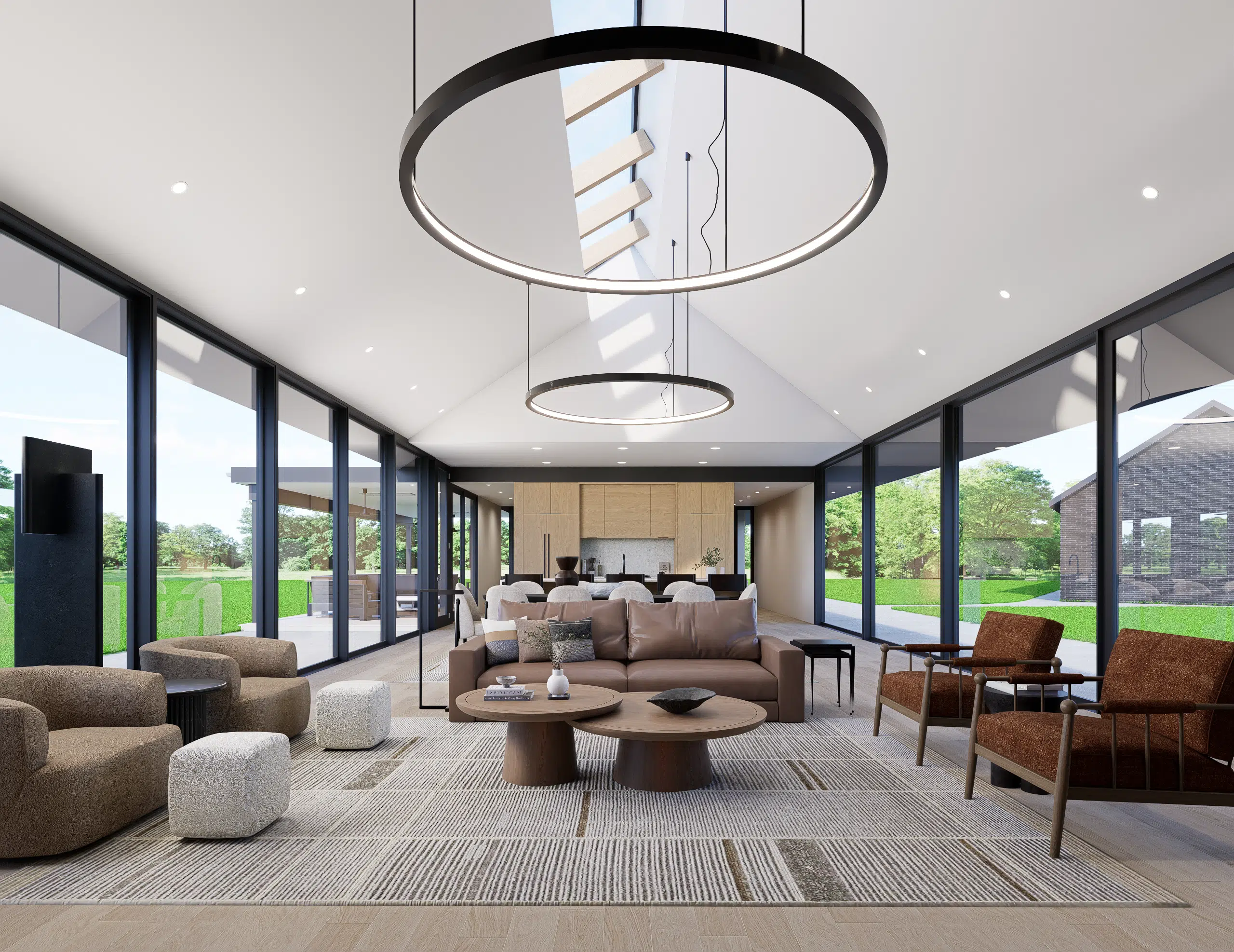modern-organic-interior-design-charlotte-open-concept-living Modern architecture surround by glass to draw in nature in this open concept living room by Triple Heart Design.